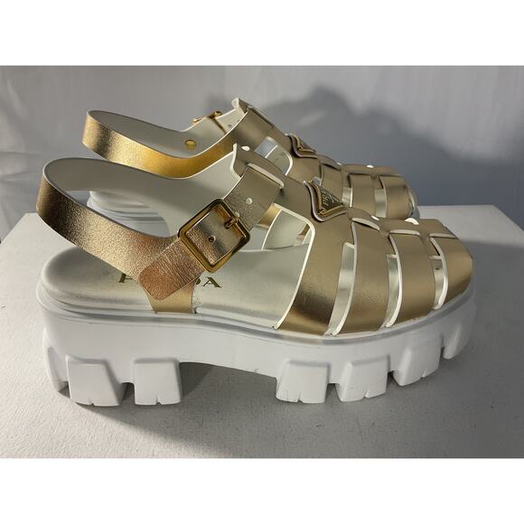 Prada 'Platform' Gold Leather Fisherman Sandals Size 8 - Picture 2 of 5